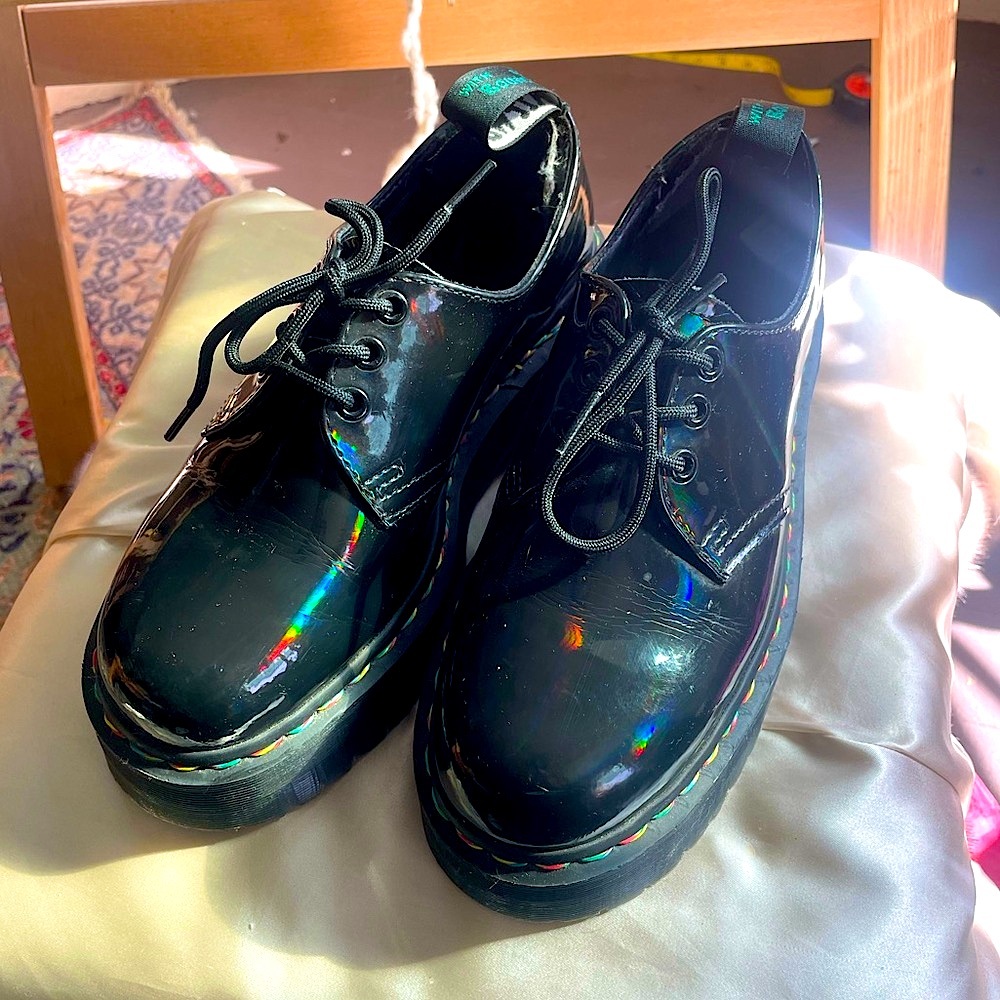 Dr. Martens Holographic Rainbow Black Platform Loafers Size 8 W